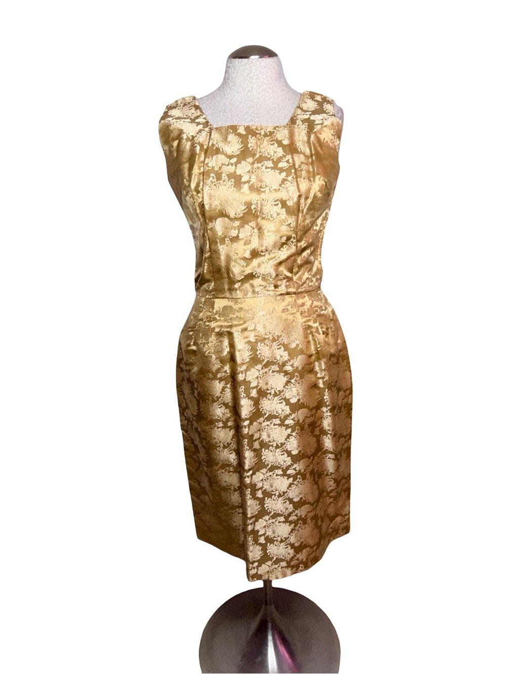 Vintage Gold Floral Jacquard Sheath Dress M
